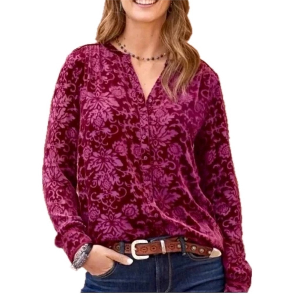 Sundance Reginia Silk Velvet Burnout Burgundy Blouse Size M